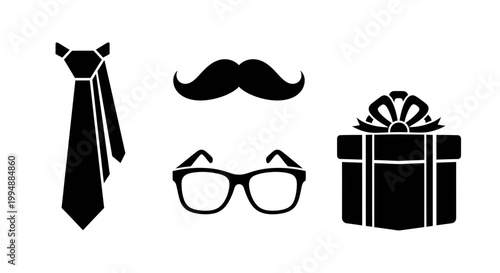 Black silhouette icons of tie mustache glasses and gift box on white background for creative projects and party decorations