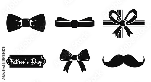 Father's day black icons set with bow ties ribbons and mustache for greeting cards and gifts