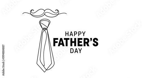 Minimalist continuous line art design featuring a classic necktie and a stylized mustache icon with bold typography celebrating happy father's day on a clean white background for greeting cards
