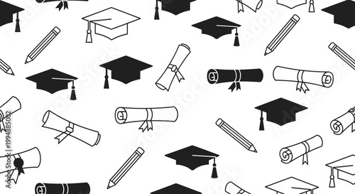 Graduation icons pattern with caps scrolls and pencils on white background for education concepts