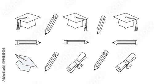 Set of hand drawn graduation caps pencils and rolled diplomas arranged in a clean grid pattern on a white background perfect for educational designs school projects and academic achievement icons