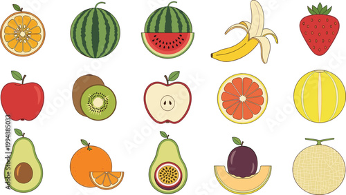 Illustration of Fresh Fruits Vector Set Including Oranges, Watermelon, Bananas, Apples, and Exotic Fruits for Healthy Food and Nutrition Designs