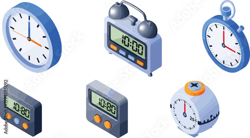 Digital and Alarm Clock Icons Vector Set with Analog, Stopwatch, Timer, and Modern Clock Designs
