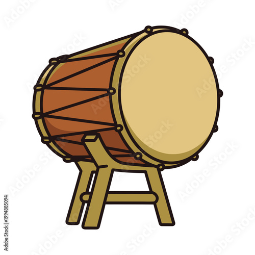 Tableau sur toile A cartoon illustration of a brown drum with a wooden stand and beige drumhead, isolated on a white background