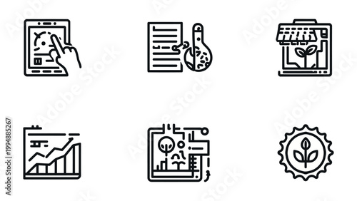 Tech Icons in line: A set of clean, minimalist line icons related to agriculture, technology and science, the icons features digital tablet interface, chemical test,  growing shop .