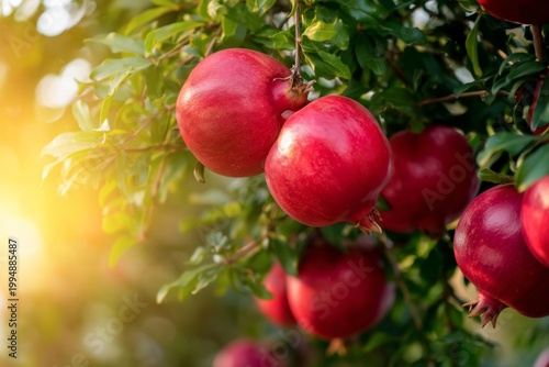 Ripe Pomegranates Hang on a Tree Branch in a Garden During Bright Daylight