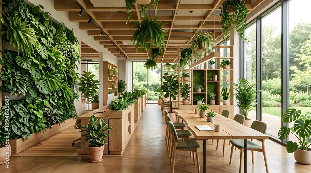 Fototapeta premium Bright office interior with living green wall and abundant natural light.