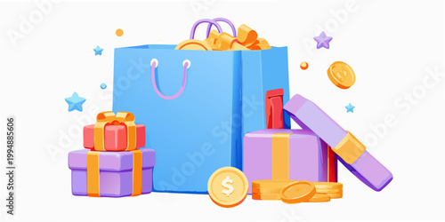 A blue shopping bag overflowing with gifts coins and celebratory elements