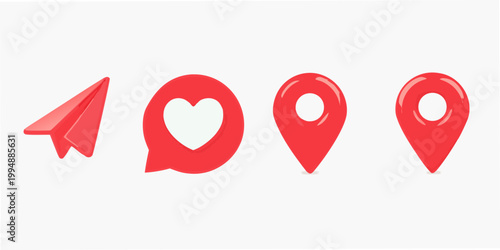 Red icons depicting a paper airplane heart and location pins