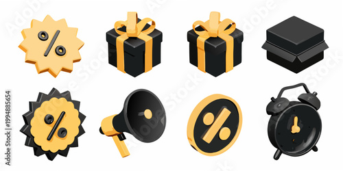 Isometric black and gold icons representing sales promotions and announcements