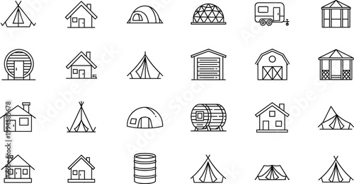 Black and White Icon Set of Various Buildings Including Tents, Houses, Cabins, and Storage Structures