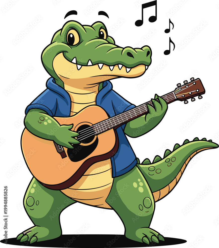 Obraz premium Cartoon Alligator Playing Guitar with Music Notes for Fun, Animal, and Creative Design Themes