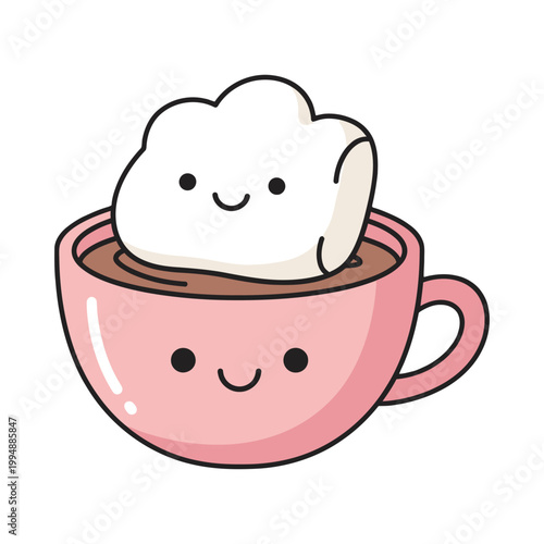 A cute cartoon marshmallow in a pink coffee cup with a happy face on a white background, smiling and looking adorable.