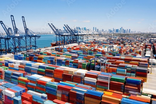 Shipping Containers at a Busy Port With a City Skyline in the Background on a...