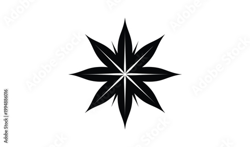 Minimalist black and white illustration of a symmetrical star-shaped flower with eight petals, isolated on a white background for graphic design use.