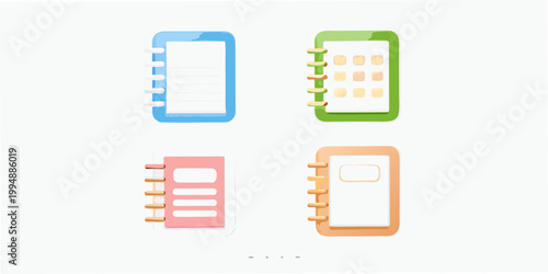 Colorful cartoon notebooks with spiral bindings arranged in a grid format