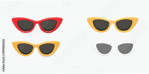 A colorful arrangement of four pairs of cat eye sunglasses