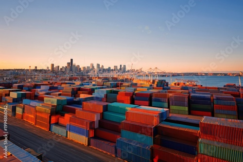 Shipping Containers Stacked at Port With Cranes and City Skyline in Backgroun...