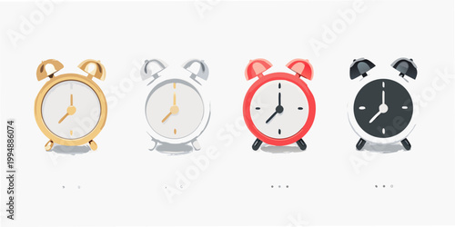 Four colorful alarm clocks arranged in a simple graphic illustration
