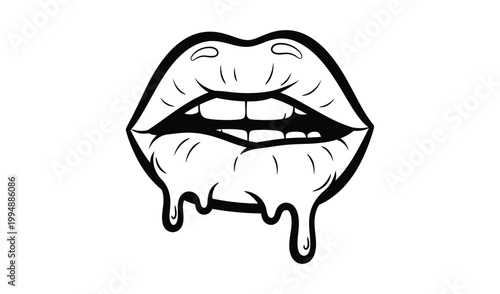 Playful cartoon illustration of dripping lips, vibrant and whimsical, perfect for designs needing a touch of humor and charm, black and white line art.