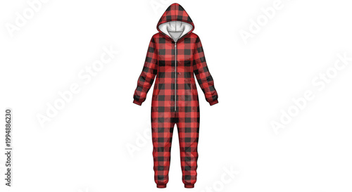 Cozy red plaid hooded onesie with front zipper and pockets