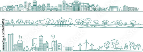 City skyline line art banners, urban buildings park landscape and eco city outline vector set