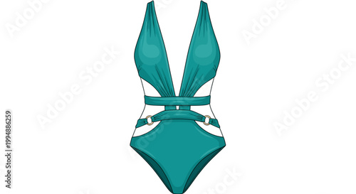 Stylish teal one-piece swimsuit with cutouts and deep v-neck design