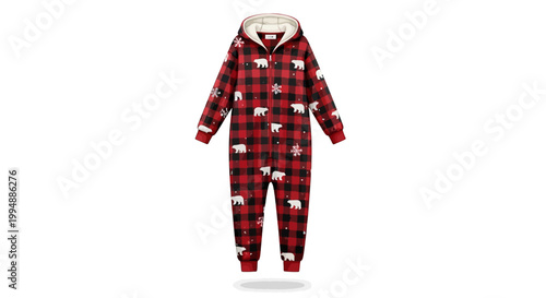 Cozy winter red plaid onesie with polar bear print and hood