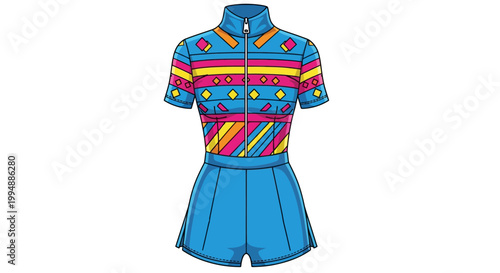 Colorful geometric short-sleeve jumpsuit design with zipper