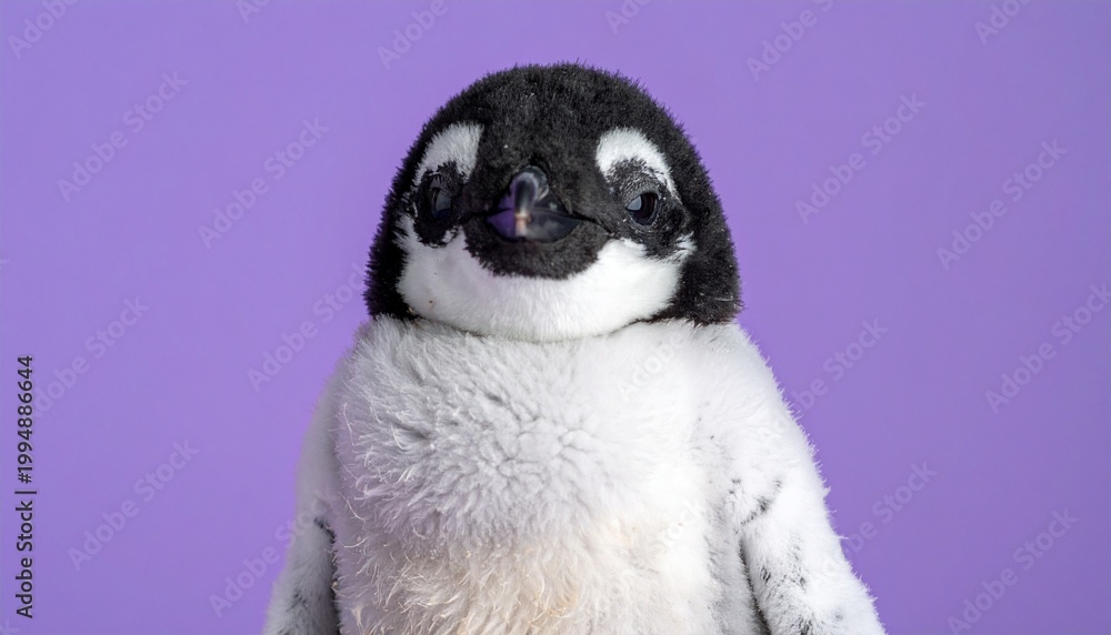 Fototapeta premium Adorable Emperor Penguin Chick Headshot Isolated on Purple Background