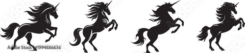 Unicorn silhouette set rearing horse with horn flowing mane in dynamic poses isolated on white background, fantasy animal vector collection with elegant motion and magic concept