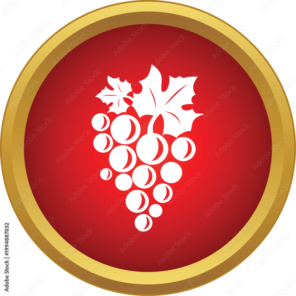 Naklejka premium White grape icon featuring leaves in a red circle with a gold frame