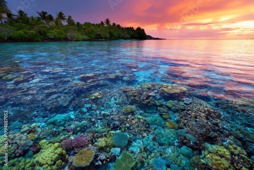 Coral Reef and Tropical Island at Sunset With Clear Water and Colorful Corals...