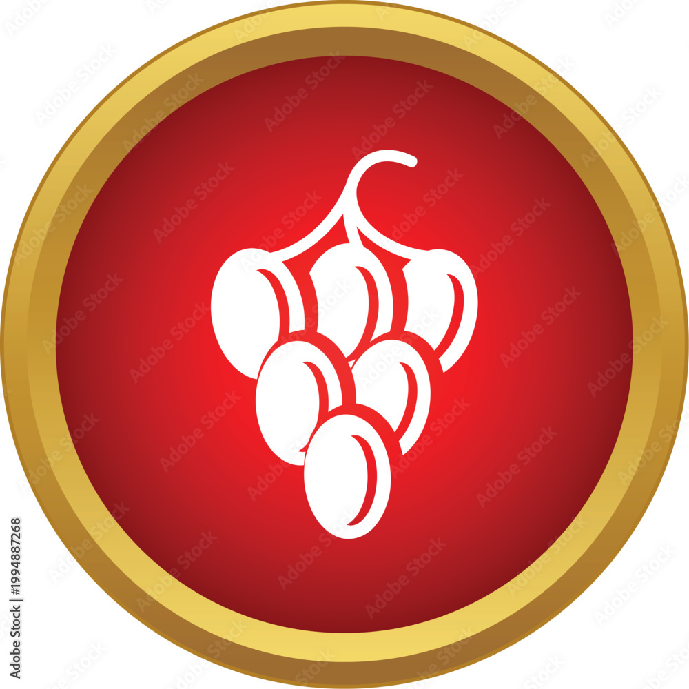 Obraz premium Grapes icon featuring white fruit silhouette on a red circular background with a gold border