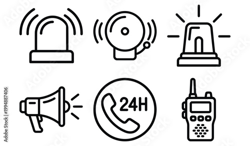 Emergency alert and communication icons including siren alarm warning light megaphone call center and handheld radio with security