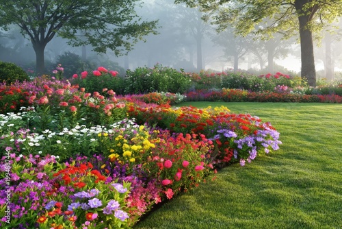 Colorful Flowers Bloom in a Garden During Morning Fog Near Trees in Springtime
