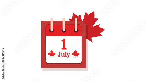 Canada day calendar icon showing first of july with red maple leaf decorations on white background.