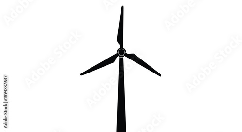 A stark black silhouette of a single wind turbine dominates a completely white background conveying clean energy