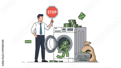 Concerned man holding a stop sign next to a washing machine overflowing with cash to represent efforts against money laundering crimes.
