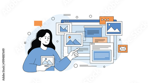 Woman standing in front of a large screen and pointing at various photo windows and web elements to organize digital content and media.