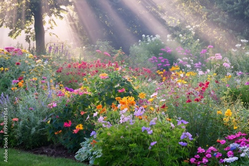 Colorful Flowers Bloom in a Garden During Foggy Weather in the Morning Light