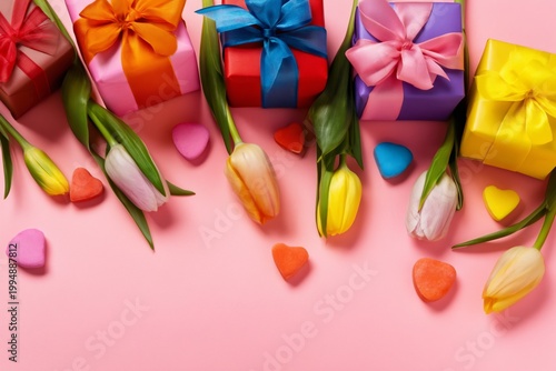 Colorful Gifts and Flowers on a Pink Background During a Festive Occasion in ...