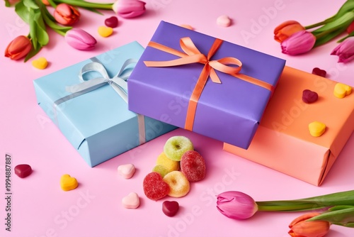 Colorful Gifts and Flowers on a Pink Background During a Festive Occasion in ...