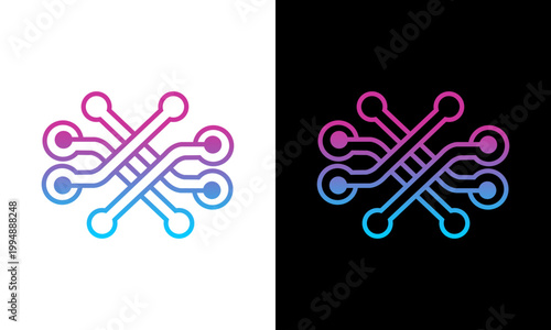 Vibrant illustration of abstract shapes in pink and blue hues on white and black backgrounds.
