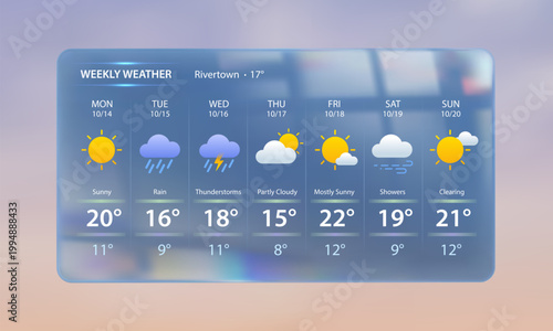 Glass morphism weather widget with weekly forecast user interface