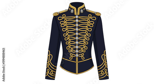Ornate military jacket with gold embroidery on dark fabric