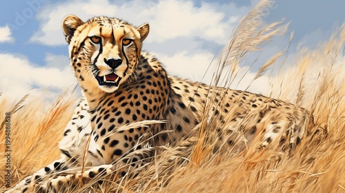 A Majestic Cheetah Resting Amid Golden Tall Grasses Under a Clear Blue Savannah Sky