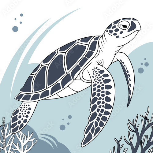 Sea turtle swimming among coral reef underwater graphic art with sea life