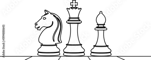 Chess pieces knight king bishop in line art vector