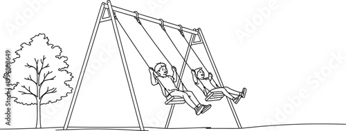Children Swinging On A Playground Swing Set Line Art